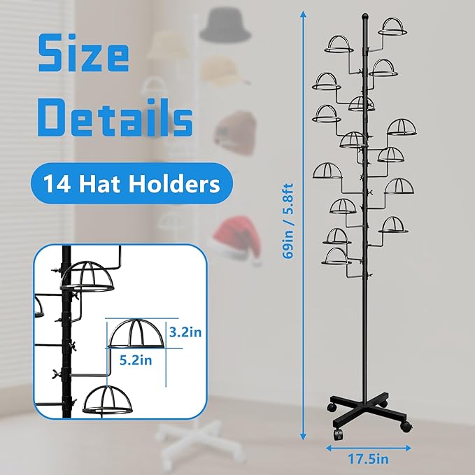 Montex Freestanding Hat Rack Stand, Metal Hat Organizer Rack with 14 Customisable Circular Hooks, Hats Tree Stand Floor Standing Hat Display, Black