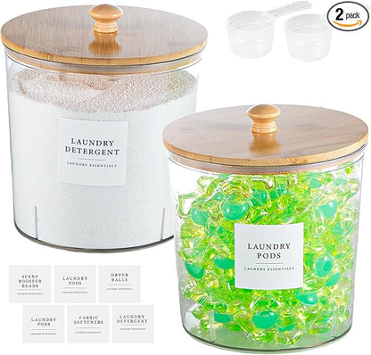 Laundry Room Organization Container, 2pcs Round Acrylic Laundry Pod Storage Containers, Dryer Sheet Holder Jars with Bamboo Lids and Labels for Scent Booster Powder Detergent Pods Storage