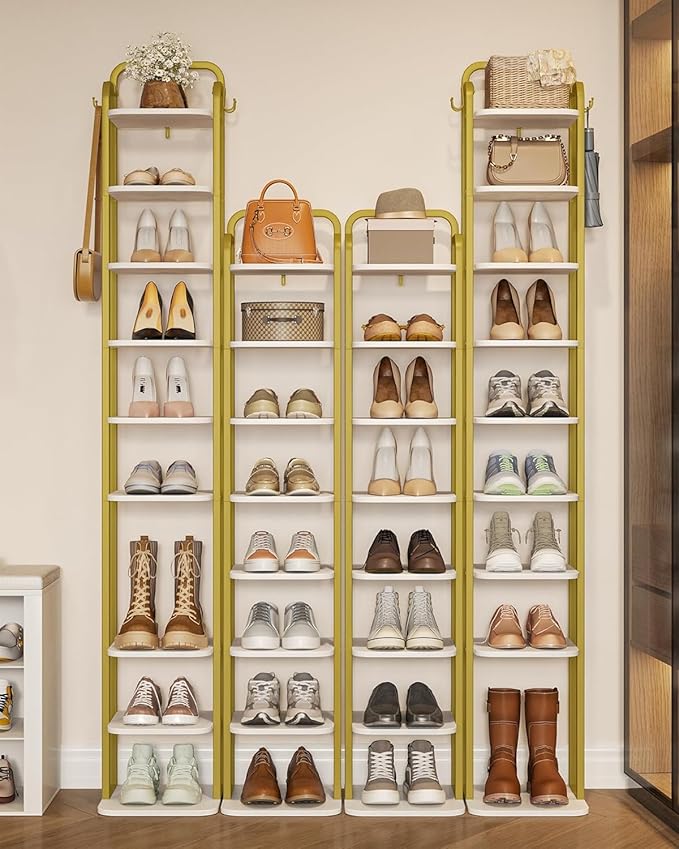 Hzuaneri 10 Tiers Vertical Shoe Rack, Narrow Shoe Tower, Tall Shoes Shelf with 2 Hooks, Adjustable Shelves, Corner Shoes Shelves for Small Spaces, Entryway, Living Room, White Gold SR11213A