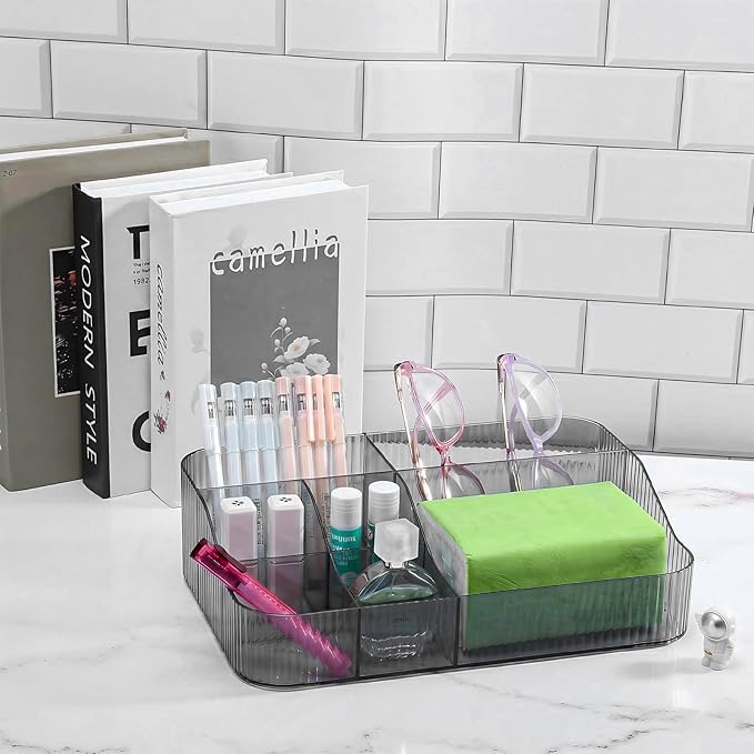 DASITON Large Capacity Makeup Brush Holder, 7 Slot Makeup Brush Cup, Vintage Striped Make Up Brush Holder, Makeup Tray Organizer for Vanity Decor, Bathroom Countertops, Desk Storage Container (Grey)