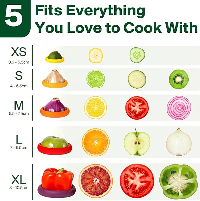 Food Huggers 5pc Reusable Silicone Food Savers | BPA Free | Plastic Free Food Storage | Dishwasher Safe | Fruit & Vegetable Storage for Onion, Tomato, Lemon, Banana & Cans | Round, Autumn Harvest