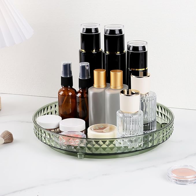 360 Clear Rotating Makeup Organize for Vanity,1 Tier Lazy Susan with Diamond Pattern, Large-Capacity Skincare Organizers Cosmetic Display Case Organizer for Dresser (Vintage Green, 1Tier)