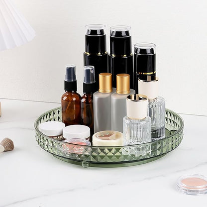360 Clear Rotating Makeup Organize for Vanity,1 Tier Lazy Susan with Diamond Pattern, Large-Capacity Skincare Organizers Cosmetic Display Case Organizer for Dresser (Vintage Green, 1Tier)