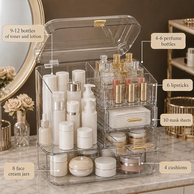 Luxury Makeup Organizer with 3 Drawers & Dustproof Flip Lid, Large Capacity Cosmetic Display Case for Vanity, Clear Countertop Skincare Storage with 6 Lipstick Slots