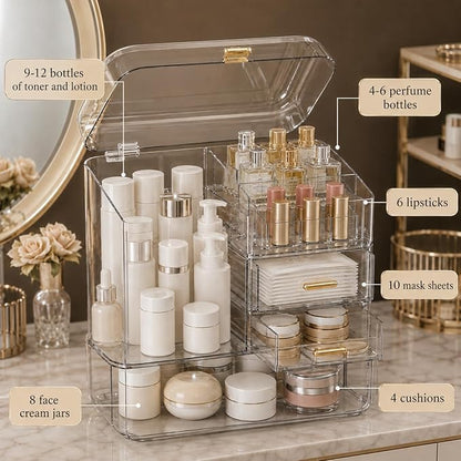 Luxury Makeup Organizer with 3 Drawers & Dustproof Flip Lid, Large Capacity Cosmetic Display Case for Vanity, Clear Countertop Skincare Storage with 6 Lipstick Slots