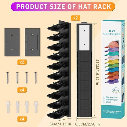 Volnamal Hat Organizer for Baseball Caps, 2 Pack Hold Up to 40 Hats, Hat Rack for Wall Space Saving, Hat Hanger w/Strong Adhesive Hat Storage Holder Display for Closet Door and Wall (Black)
