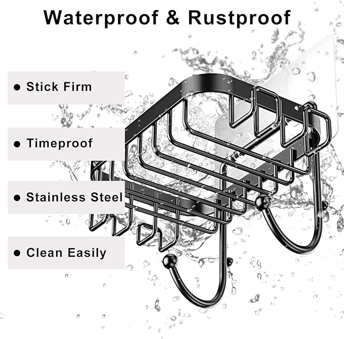 ODesign Soap Dish Holder SUS304 Stainless Steel with 6 Hooks Loofah Bath Sponge Towel Razor Holder for Bathroom Shower Kitchen Adhesive Wall Mounted No Drilling-Black-1 Pack
