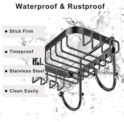 ODesign Soap Dish Holder SUS304 Stainless Steel with 6 Hooks Loofah Bath Sponge Towel Razor Holder for Bathroom Shower Kitchen Adhesive Wall Mounted No Drilling-Black-1 Pack