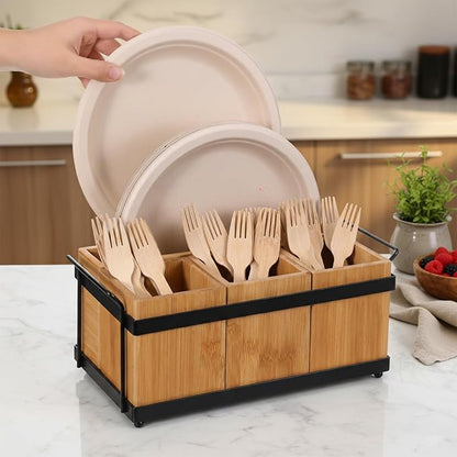 Silverware Caddy Utensil Holder for Party Countertop, Wood Cutlery Flatware Organizer Box Holder Paper Plate Dispenser with 4 Compartments Portable Handle for Spoons Forks Plates Napkins