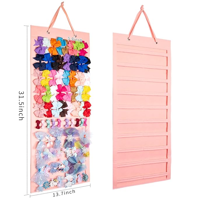 Bow Hanger for Girls Hair Bows - Large Wall, Door, Closet Organizer - Pink