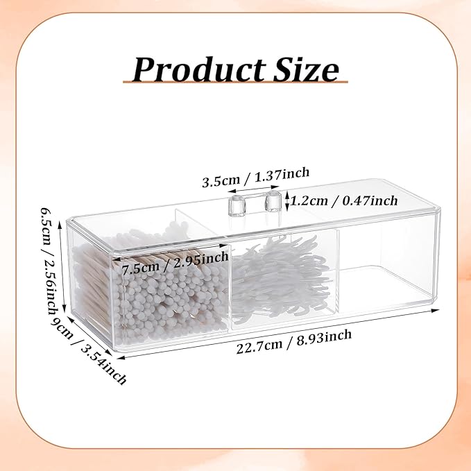 3 Pack Clear Acrylic Organizer with Lid, 3 Compartments Cotton Ball and Swab Holder Jar, Waterproof Bathroom Storage Containers for Vanity, Makeup Pads, Cosmetics, 8.94x3.54x2.56 Inch