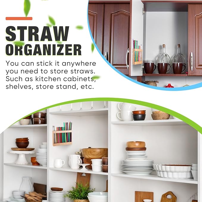 Qinyoung Wooden Straw Holder for Cabinet Door with Double Sided Adhesive Tape Tumbler Straw Organizer for Cupboard Reusable Tumbler Storage Container for Kitchen Counter(Wood Color)