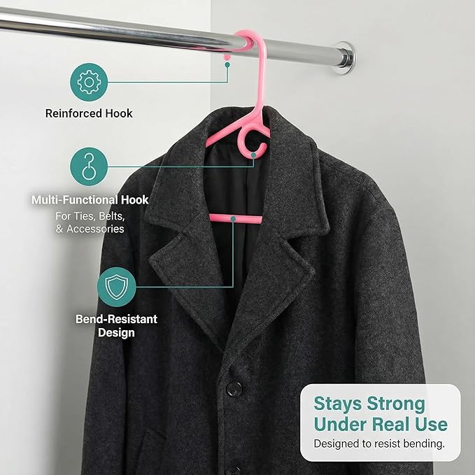 DEILSY™ Pink Heavy Duty Hangers with Hooks for Scarves & Belts – Thick and Strong Clothes Hangers for Shirts, Jackets, Pants, and Dresses – Space-Saving Plastic Hangers – Pack of 30