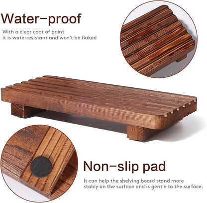 SAMEBUTECO Bathroom Tray,Rustic Wood Soap Tray 2 Packs,Riser Farmhouse Soap Dish Holder,Footed Wood Pedestal Stand for Vanity,Dispenser,Countertop,Size 8.7x4x1.7''