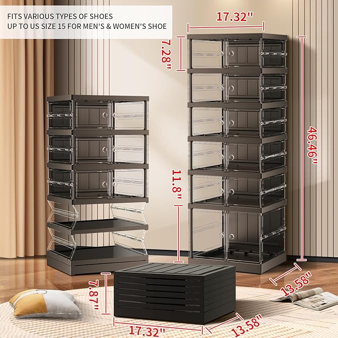 CIMLORD 6 Tier Foldable Shoe Rack for Closet Entryway 6-12 Pairs Stackable Clear Shoe Storage Boxes with Lids Shoes Shelf with Door Plastic Organizer Cabinet Easy Assembly Black
