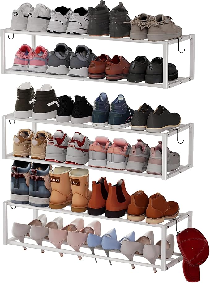 3 Pack Expandable Wall Mounted Shoe Rack, 17"-30"Adjustable Hanging Shoe Rack Holds 18 Pairs, Heavy Duty Metal Shoe Racks Holder with 6 Storage Hooks, Space Saving for Entryway Closet Doorway（White)