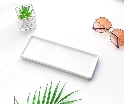 9.2" Porcelain Small Bathroom Tray, Ceramic Countertop and Vanity Tray for Cosmetics, Perfume, Jewelry, Candle - Kitchen Soap Tray for Kitchen Counter (White)