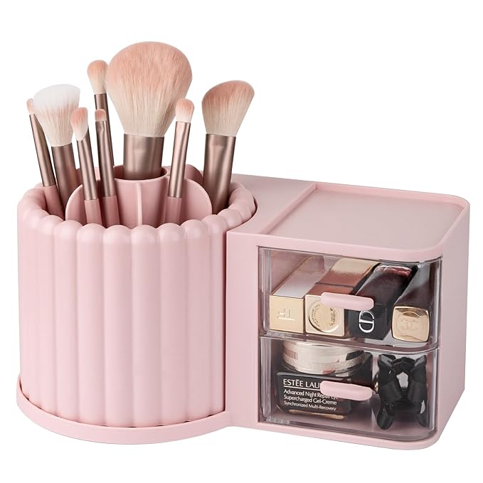 Anyoifax 360 Rotating Makeup Brush Holder 7 Slots Makeup Organizer with Drawer Removable Spinning Cosmetic Storage Pen Holder for Vanity, Dresser, Desk, Pink