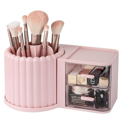 Anyoifax 360 Rotating Makeup Brush Holder 7 Slots Makeup Organizer with Drawer Removable Spinning Cosmetic Storage Pen Holder for Vanity, Dresser, Desk, Pink