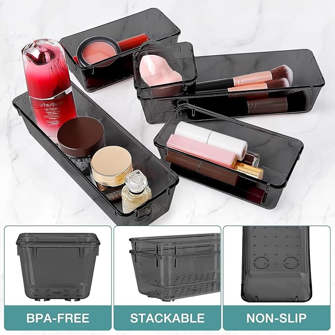 StorMiracle 13 PCS Drawer Organizer Set, 5 Varied Size Bathroom and kitchen Drawer cabinet organizer Trays, Clear Storage Bins for Makeup, Jewelry, Utensils and Gadgets, Black