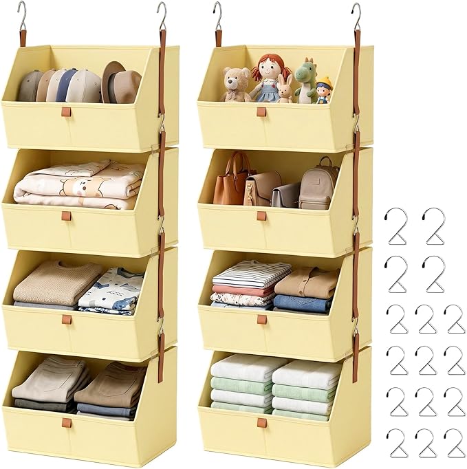 Hanging Closet Organizer 4 Tier 2 Pack with 8 Detachable Bins, Clothes Hanging Shelves, Space-Saving Collapsible Closet Storage System for Bedroom, Dorm, RV, Beige