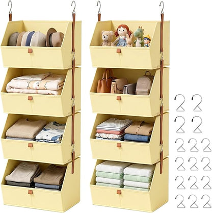 Hanging Closet Organizer 4 Tier 2 Pack with 8 Detachable Bins, Clothes Hanging Shelves, Space-Saving Collapsible Closet Storage System for Bedroom, Dorm, RV, Beige
