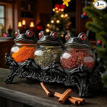 Handcrafted Witchy Frog Apothecary Spice Jars,Gothic Food Storage Containers, Frog Spice Jar Set for Salt Pepper and Herbs,3 Piece Spice Cellars, Kitchen Décor for Spices, Tea Leaves