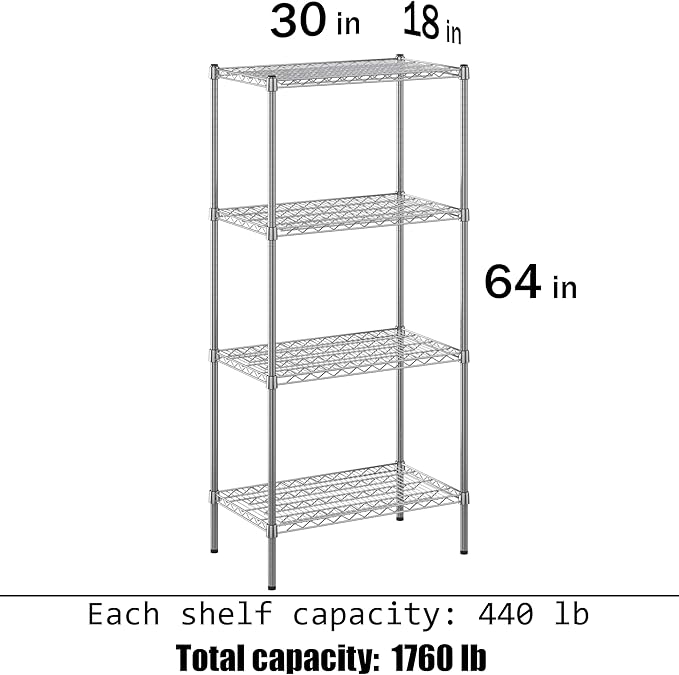 18" Deep x 30" Wide x 64" Height Wire Shelving Kit | 4-Tier | NSF Commercial Storage Rack Unit