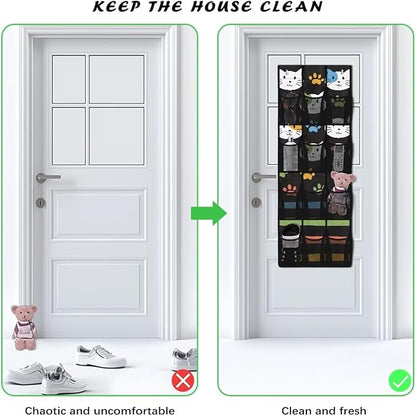 Cats Over the Door Organizer with 12 Mesh Pockets - Breathable Design for Bath Towels, Toiletries, Makeup (Waterproof Lining)