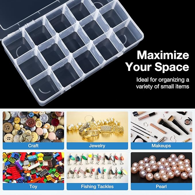 Benbilry Organizer Box with Adjustable Dividers, 15 Compartment Clear Storage Container for Bead Organizer, Fishing Tackles, Felt Board and Jewelry Storage (15 Grids)