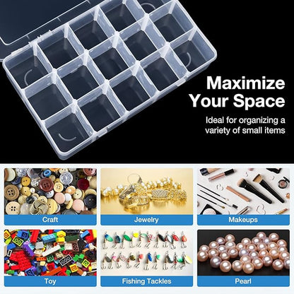 Benbilry Organizer Box with Adjustable Dividers, 15 Compartment Clear Storage Container for Bead Organizer, Fishing Tackles, Felt Board and Jewelry Storage (15 Grids)