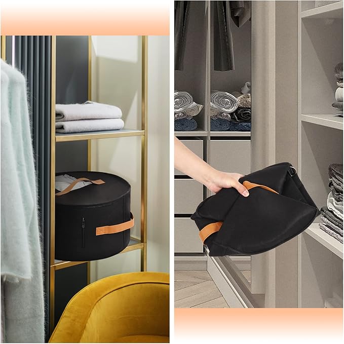 Pehciroe Modern Black Round Hat Box Storage, Portable Felt Travel Hat Boxes with Translucent Dustproof Lid and Shoulder Strap, 16.9" x 8.3" x 8.3"