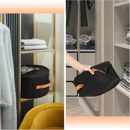 Pehciroe Modern Black Round Hat Box Storage, Portable Felt Travel Hat Boxes with Translucent Dustproof Lid and Shoulder Strap, 16.9" x 8.3" x 8.3"