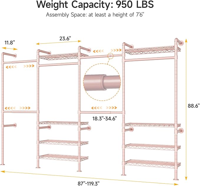 ONBRILL H4 Wall Mounted Closet System, Expandable Industrial Pipe Clothes Rack Clothing Rack for Hanging Clothes, Heavy Duty Closet Organizers and Storage in Wardrobe Closet