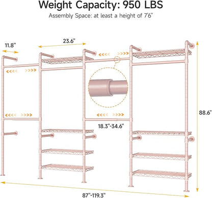 ONBRILL H4 Wall Mounted Closet System, Expandable Industrial Pipe Clothes Rack Clothing Rack for Hanging Clothes, Heavy Duty Closet Organizers and Storage in Wardrobe Closet
