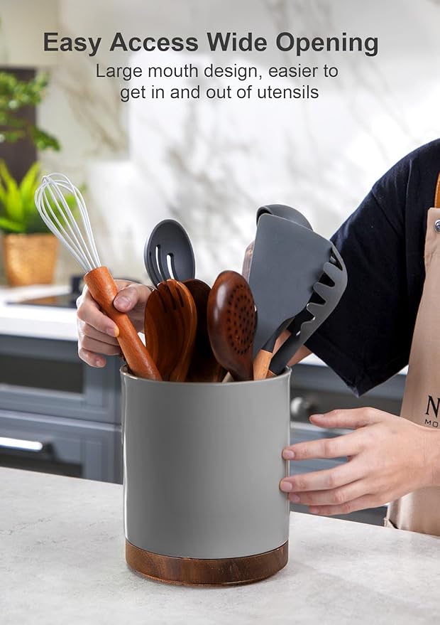 Nucookery 360°Rotating Utensil Holder, 7.2" Large Utensil Crock, White Ceramic Cooking Utensil Organizer,Farmhouse Kitchen Decor Christmas Thanksgiving Gift (Gray)