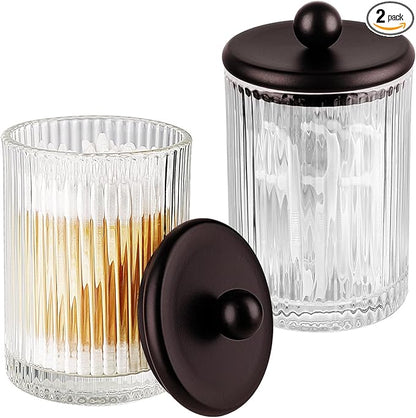 SheeChung 2-Pack Bronze Ribbed Glass Qtip Holder - Apothecary Jars Bathroom Organizer with Metal Lids - Countertop Vanity Canister Set for Cotton Swabs, Rounds, Pads, Floss Picks