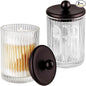 SheeChung 2-Pack Bronze Ribbed Glass Qtip Holder - Apothecary Jars Bathroom Organizer with Metal Lids - Countertop Vanity Canister Set for Cotton Swabs, Rounds, Pads, Floss Picks