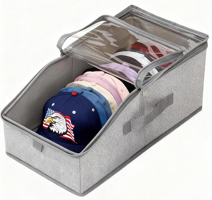 Stackable Hat Storage for Baseball Caps Clear Window Lid Large Space-Saving Hat Organizer for Closet, RV,Clothing Shelf, Sturdy Snapback Boxes Made of Breathable Fabric