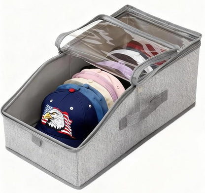 Stackable Hat Storage for Baseball Caps Clear Window Lid Large Space-Saving Hat Organizer for Closet, RV,Clothing Shelf, Sturdy Snapback Boxes Made of Breathable Fabric