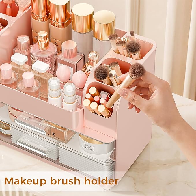Makeup Organizer for Vanity with Brush Holder, Large Bathroom Countertop Organizer & Skincare Storage | Perfume, Cosmetics Display Case with Drawers (Pink)