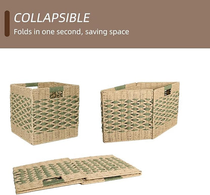 12x12 Cube Storage Bins 4-Pack - Foldable Paper Rope Organizer Baskets for 13-Inch Shelves, Heavy Duty 15-Lb Capacity for Nursery Toys & Closet