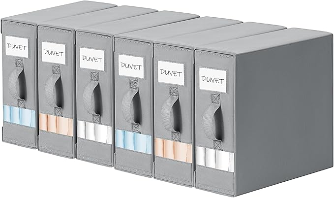 DIMJ Bed Sheet Organizers and Storage 6 Pack - Foldable Sheet Holder, Linen Closet Organizer Box for Sheets Set, Bedding, Blankets, Towel (King & Queen Size), Grey