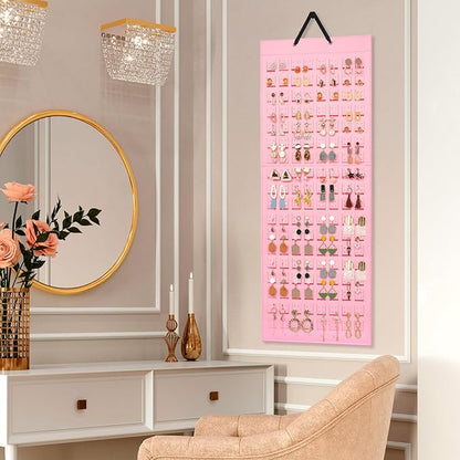 Lolalet Hanging Earring Holder Organizer with 20 Hooks for Women, Earring Organizer Wall Earrings Hanger Pierced Earring Storage, Felt Stud Earring Display, 608 Holes for Earrings - Pink, 1 Pack