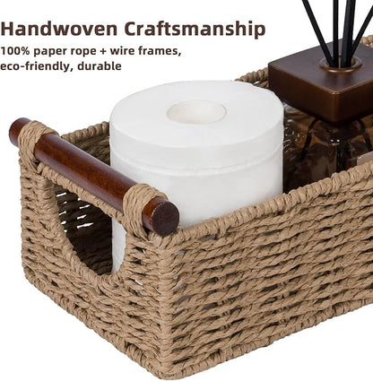 CubesLand Wicker Toilet Storage Basket Tray Organizer W/Cut Out Handle, Slim Decorative Basket for Countertop, Shelves And for Versatile Home Decor, Living Room, Nursery Organization, Neutral