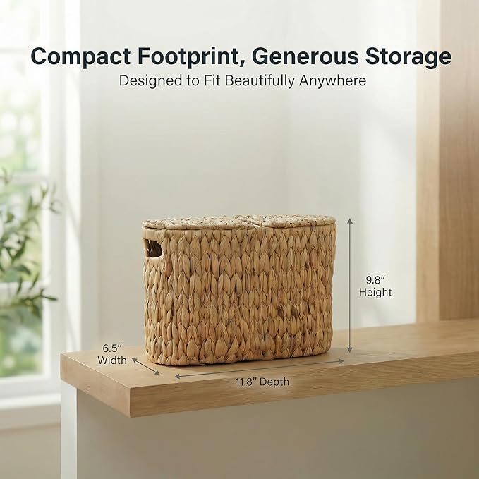 DEILSY™ Natural Water Hyacinth Toilet Paper Basket for 4 Rolls, Slim Toilet Paper Storage Basket with Built-in Handles, Wicker Toilet Paper Storage Basket with Lid for Bathroom or Powder Room