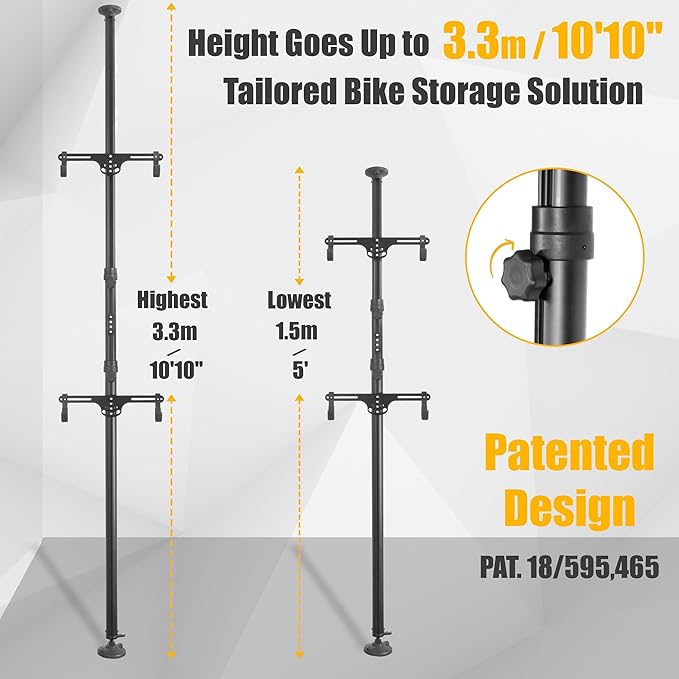 CyclingDeal Floor to Ceiling 2 Bike Storage Stand | Adjustable Aluminum Dual Hanger Pole Rack with Gravity Hooks & Locking Mechanism | Extends 5ft to 10ft | No-Drill Indoor Garage Apartment