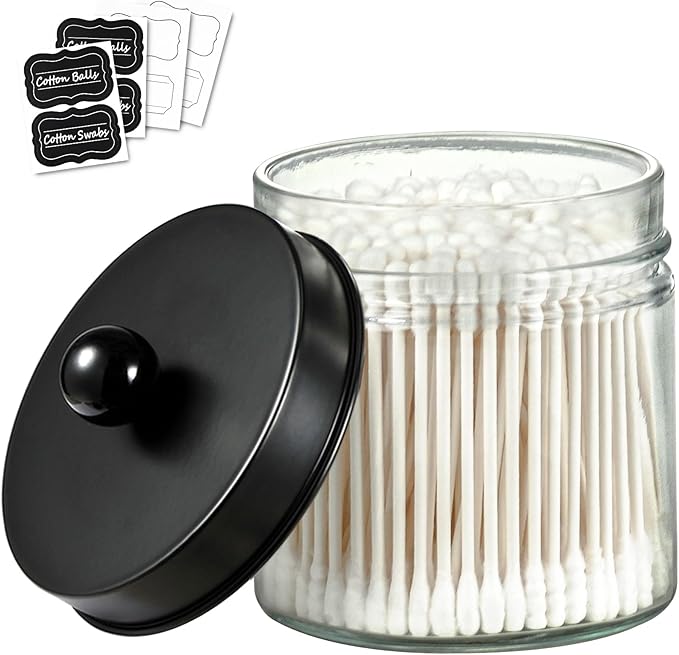 SheeChung Bathroom Organizers and Storage - 1Pack Qtip Holders Bathroom Canister Apothecary Jars for Cotton Swabs, Rounds, Balls, Qtips,Makeup Sponges, Flossers,Bath Salts - Black