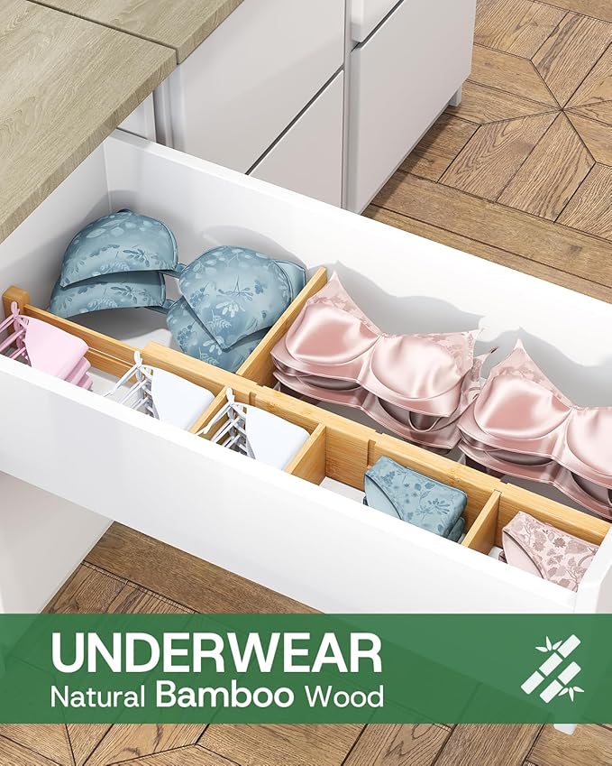 kiplant Bamboo Drawer Dividers - Adjustable Drawer Dividers for Clothes, Kitchen, Closet & Office - 8 Pack with Inserts, 18-22.6 Inches, Non-Slip Silicone Ends