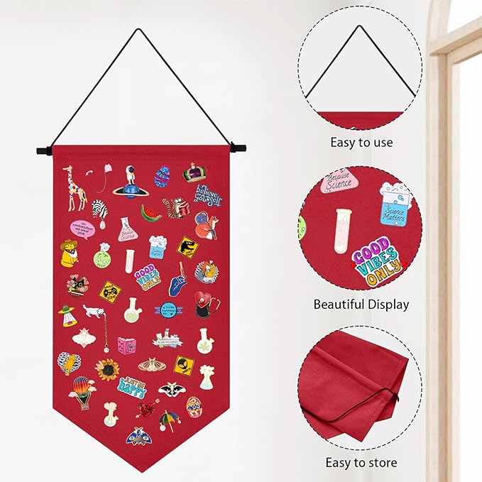 Winmany Wall Hanging Brooch Jewelry Storage Case Canvas Display Stand Enamel Pin Display Banner Holder Earrings Necklace Glitter Pin Collection Organizer (Red)